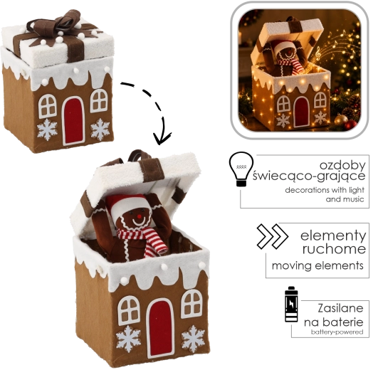 Christmas gingerbread decoration in a gift with LED lighting, melody and movement