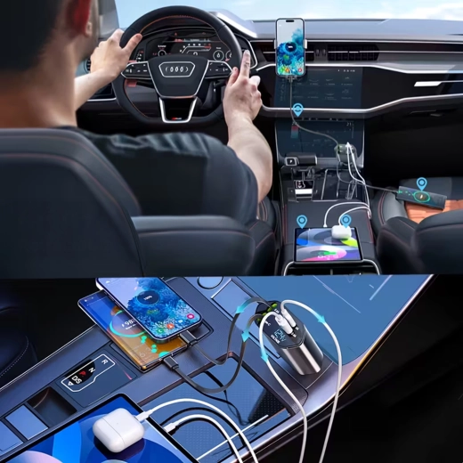 Avtopolnilec 4v1 z USB‑C in Lightning, izvlečni kabel, 100 W hitro polnjenje