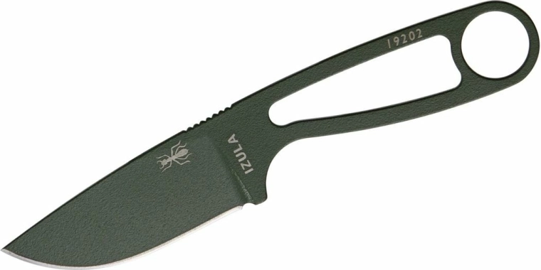 ESEE Izula OD – majhen survival nož iz ogljikovega jekla z zelenim premazom in nožnico