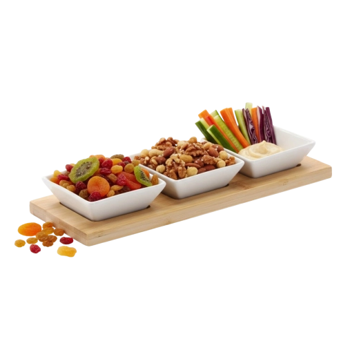 Elegantni komplet porcelanastih skledic na bambusovem pladnju 28 × 10 × 3 cm