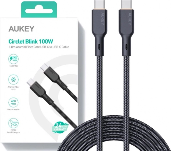 Črn kabel USB‑C na USB‑C 1,8 m z močjo 100 W od Aukey