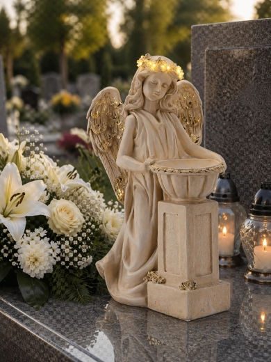Angel Figurine with Bowl and LED Wreath, 46 cm