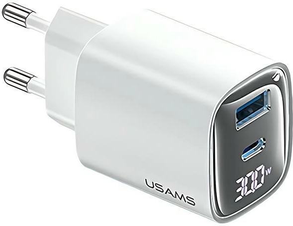 Omrežni polnilec 30 W GaN z LED‑zaslonom USB + USB‑C bel