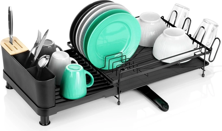 Raztegljiva kovinska odcejevalna posoda za posodo, črna, 48–70 × 32,5 × 18 cm