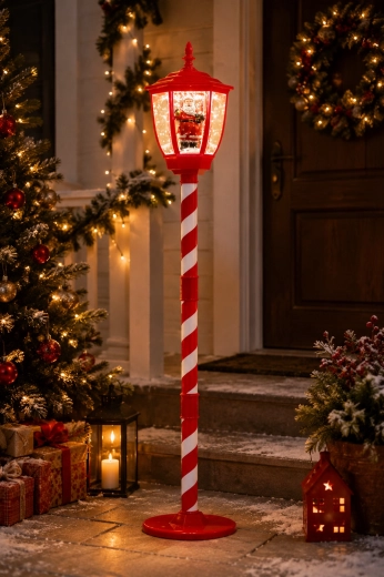 Christmas LED lantern with Santa, snow effect and melodies, 150 cm