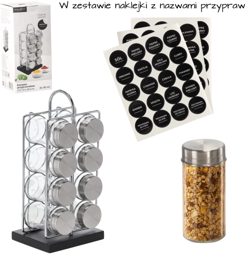 Pravokotni stojalo za začimbe z ročajem in 8 kozarčki, srebrno‑črno, 12 × 10 × 26,5 cm