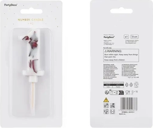 Bela rojstnodnevna svečka v obliki številke 1 z marmornatim vzorcem, 8 cm