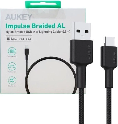 AUKEY USB-C na USB-A kabel 0,9 m, 60 W PD, najlonski pleten, črn
