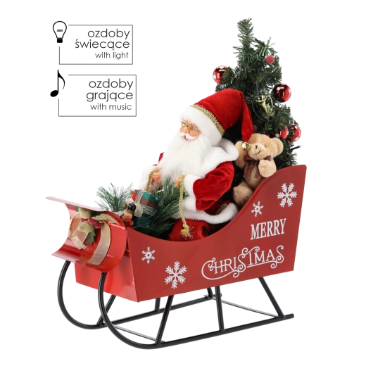 Miklavž na saneh z božičnim drevescem z LED in melodijami 60 cm