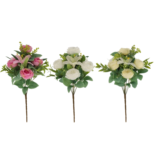 Umetni šopek vrtnic in lilij 43 cm, mešanica barv