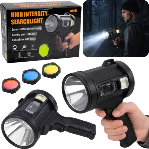 Solarni LED ročni reflektor 800 lm s powerbanko in zamenljivimi filtri