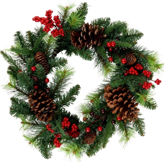 Božični venec 45 cm s storži in rdečimi jagodami