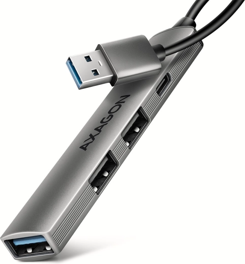 Axagon hue-sta aluminijast USB hub 4× port (1× USB‑A 5 Gbps, 2× USB‑A 2.0, 1× USB‑C 2.0) z 12 cm kablom