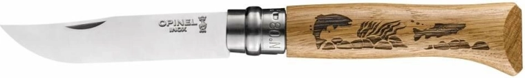 Opinel N°08 Inox Animalia žepni nož z motivom rib, hrastov les, 8,5 cm