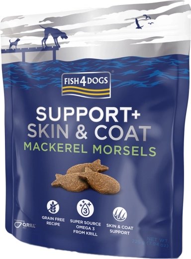 Fish4Dogs pasji priboljški Support+ dlaka in koža skuša 225 g