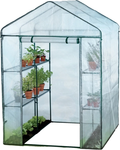 Vrtni rastlinjak zelenjavni tunel s policami za rože bel 140 x 140 x 200 cm