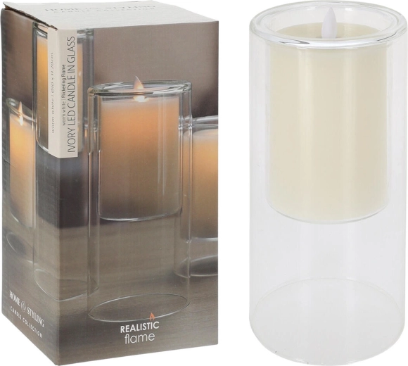 LED sveča IVORY v steklu z utripajočim plamenom 10 × 20 cm