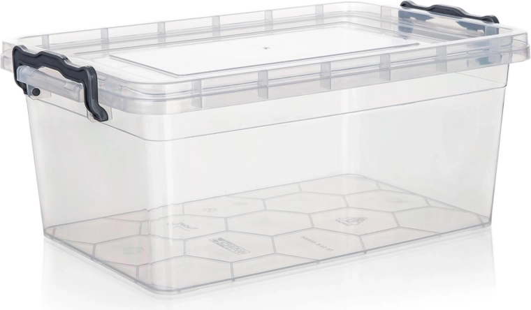 Shranjevalna škatla GEMA 9 l s pokrovom in sponkami, prozorna