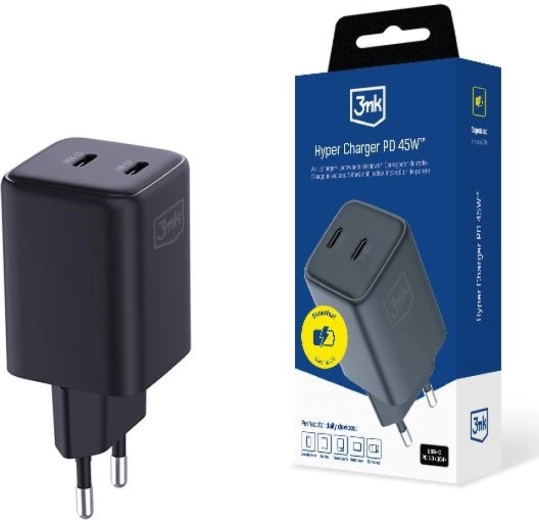 3mk Hyper Charger GaN omrežni polnilnik 45 W z 2 USB-C črn
