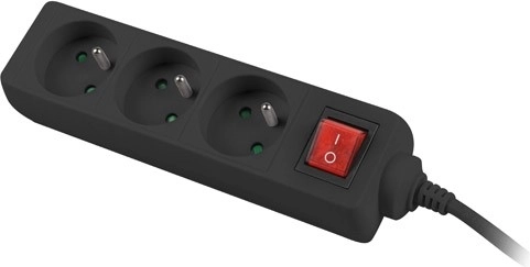 Podaljševalni kabel s 3 vtičnicami in stikalom, 3 m, črn, bakren kabel