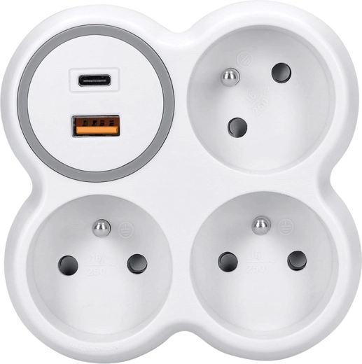 Solight razdelilnik za vtičnico 3× 16 A z USB-A in USB-C hitrim polnjenjem PD 20 W belo-siv