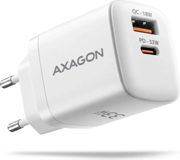Omrežni polnilnik GaN AXAGON 33 W z dvema priključkoma USB-C in USB-A, bel