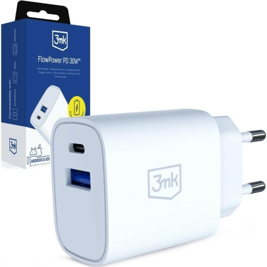 3MK FlowPower omrežni polnilnik 30 W USB-A in USB-C (PD 3.0, QC 4+) bel