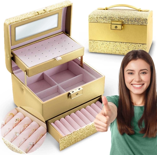 Zlata škatla za nakit MASSIDO z ročajem in ključavnico