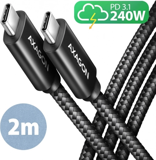 AXAGON USB‑C na USB‑C kabel 2 m, 240 W PD, 5 A, pleten, ALU, USB 2.0, črn
