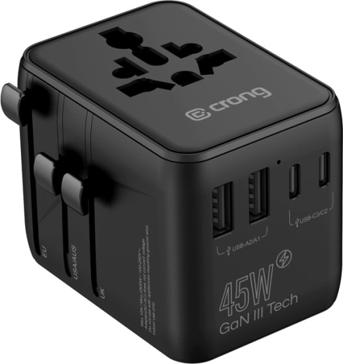 Univerzalni potovalni adapter z GaN III 45 W (UK/EU/US/AU), črn – 1 kos