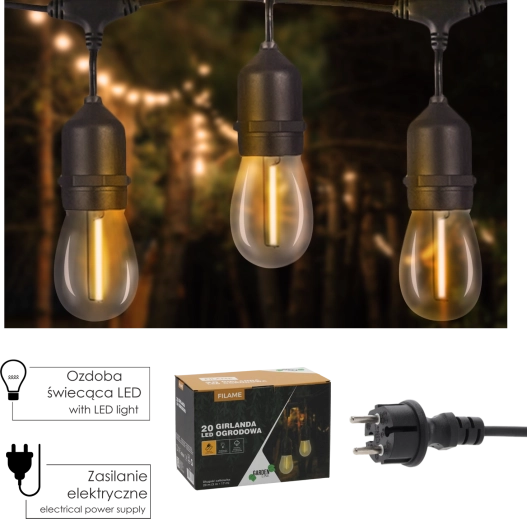 Vrtna LED-girlanda FILAME, 20 m, z 20 žarnicami E27, topla bela