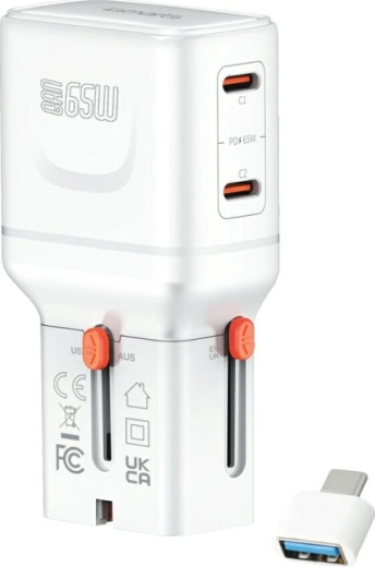 Potovalni polnilnik 4smarts World Travel Adapter Nomad Pocket GaN 65 W, USB‑C + USB‑A, bel