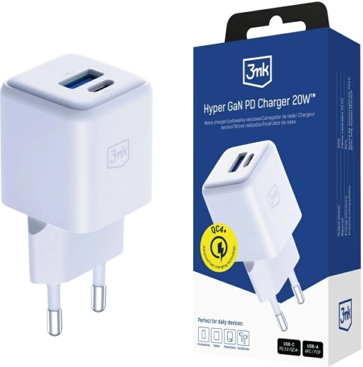 3mk Hyper GaN omrežni polnilnik 20 W USB-A in USB-C bel