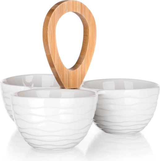 Servirni komplet treh porcelanastih skled z bambusnim ročajem BRILLANTE