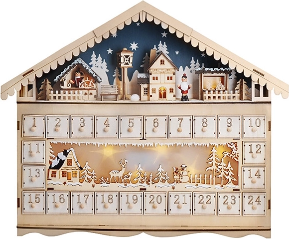 Solight LED Advent calendar in the shape of a mountain cabin, 10× LED, 50 × 40 cm