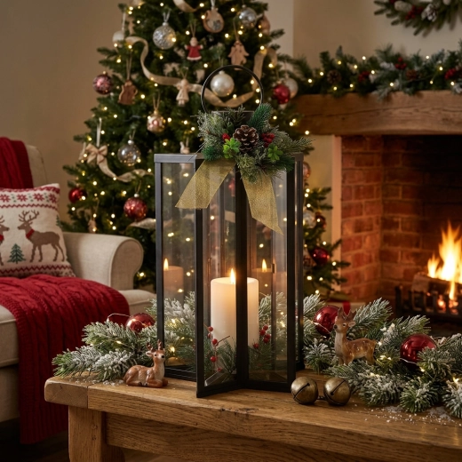 Black LED lantern with star-shaped candle