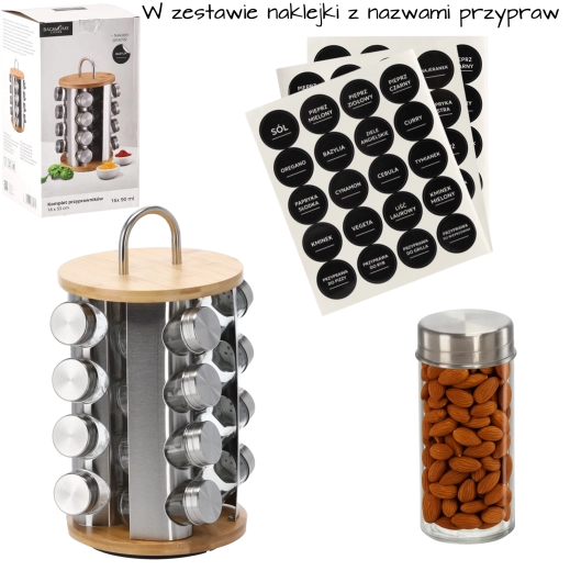 Vrtljiv okrogel stojalo za začimbe z ročajem, 16 steklenih kozarčkov za začimbe, bambusno‑srebrno, 18 × 33 cm