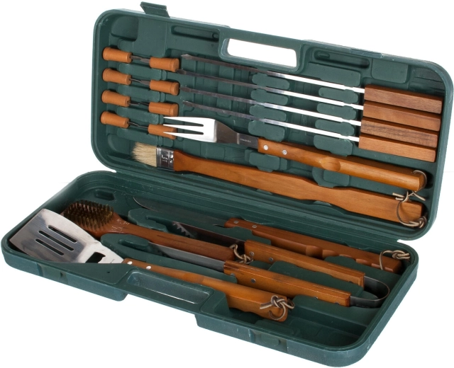 Komplet nerjavnega žara z lesenimi ročaji, 18 delov v kovčku