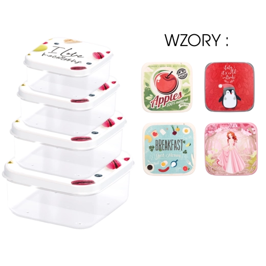 Set 4 kvadratnih posod za živila z barvnimi pokrovi za otroke