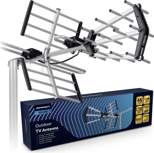Zunanja usmerjena TV antena BERDSEN za DVB-T/T2, 4K Ultra HD, VHF/UHF, LTE filter, doseg 80 km