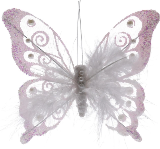Dekorativni metulj iz peres na sponki, bel, 15,5 cm (2 kosa)