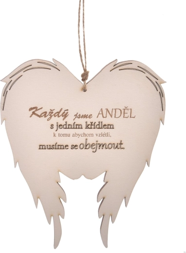 Lesena angelska krila z napisom »vsak smo« 18 × 21 cm