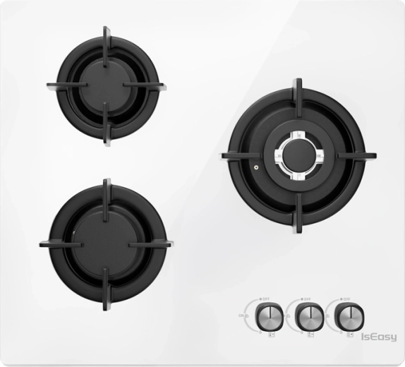 Plinska kuhalna plošča ISEASY s steklenim panelom, 3 gorilniki, bela