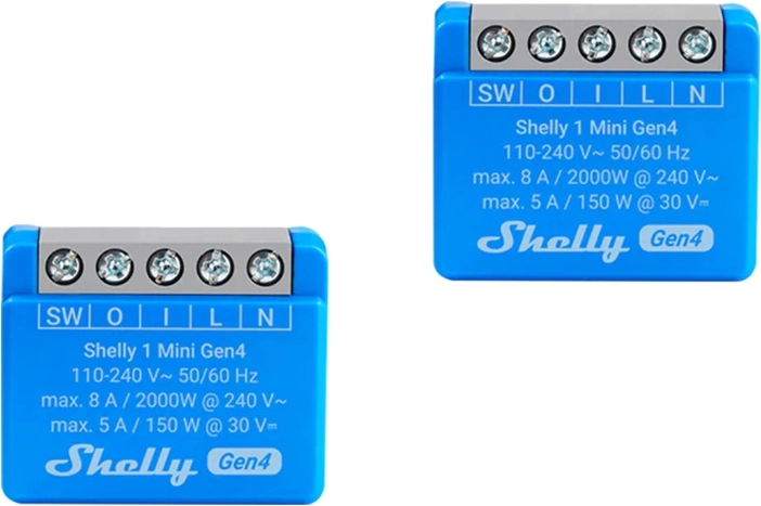 Komplet miniaturnih relejnih krmilnikov Shelly 1 Mini Gen4 (2 kosa) z Zigbee in Matter