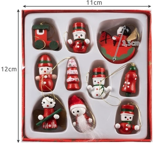 Set of 10 wooden ornaments with Christmas motifs