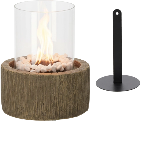 Namizni biokamin z imitacijo lesa in belimi kamenčki 20 × 20 × 25 cm