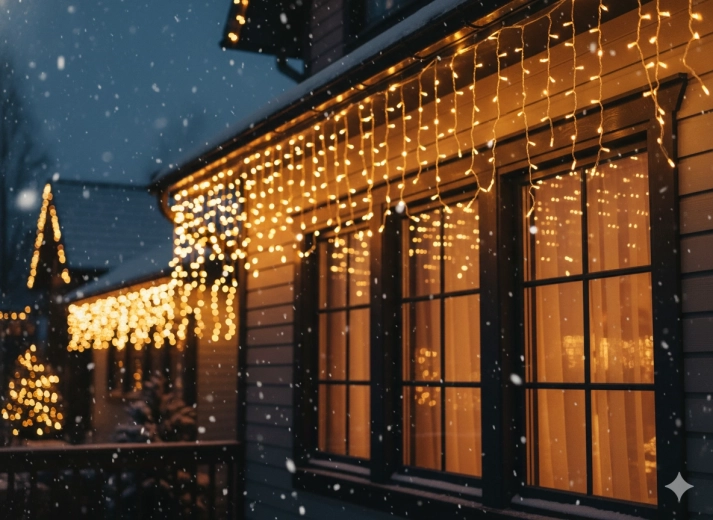 Svetlobna LED zavesa – ledeni stalaktiti 300 LED, topla bela s hladnim utripanjem, 12 m