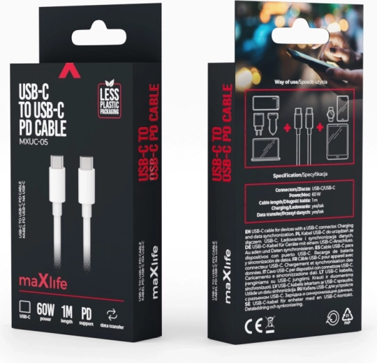Maxlife kabel USB‑C – USB‑C 1 m, 60 W, bel