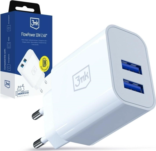 3MK FlowPower omrežni polnilnik 10 W, 2× USB-A, 2,4 A, bel