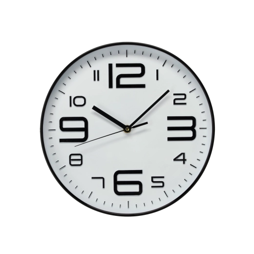 Stenska okrogla ura 30,2 × 30,2 × 4,3 cm bela s črnimi številkami